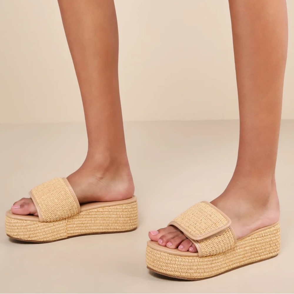 Lulus Evolet Natural Raffia Platform Slide Sandals
